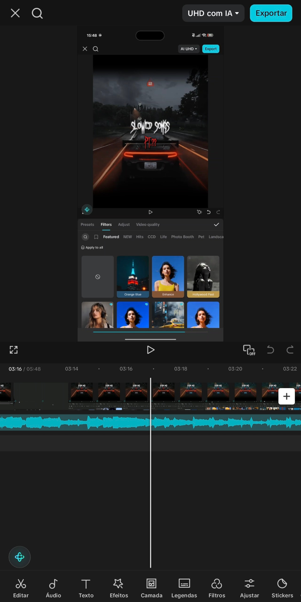 Painel de filtros e ajustes do editor aplicados em um vídeo vertical
